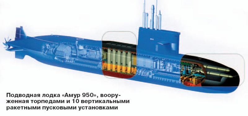 Рекламний розріз експортного підводного човна «Амур-950» з позначеними торпедами й десятьма вертикальними ракетними пусковими установками