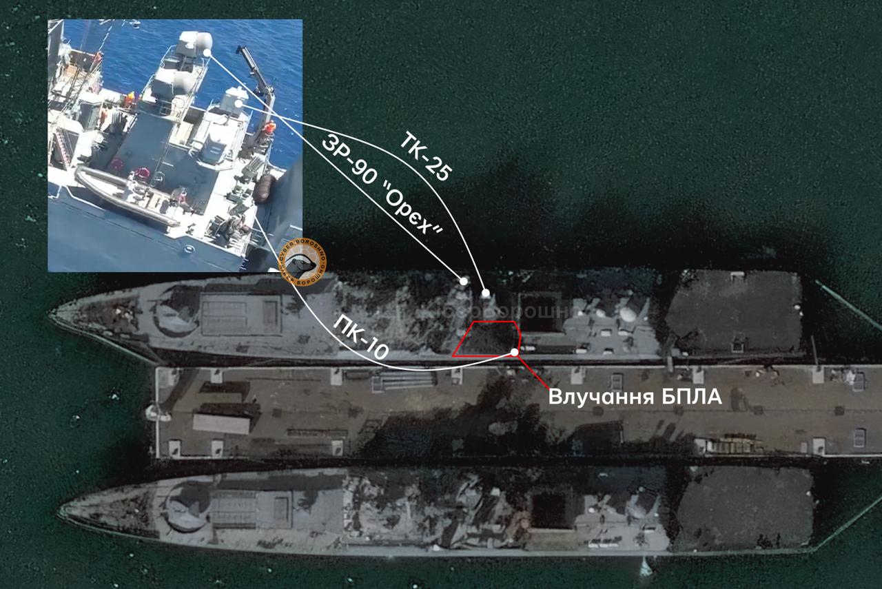 Satellite image of Admiral Essen at a pier in Novorossiysk annotated with the drone impact point and the positions of the PK-10 launchers, the TK-25 electronic warfare suite and the MR-90 Orekh illumination post